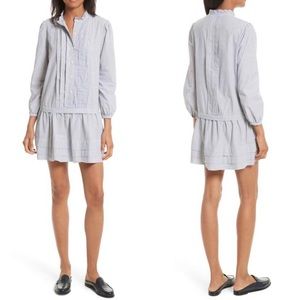 Rebecca Taylor La Vie Long Sleeve Grey & White Stripe Cotton Mini Shirt Dress